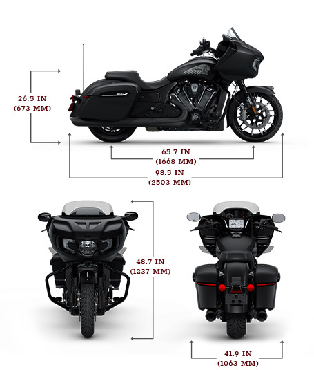 Side view of the 2025 Indian Challenger Dark Horse with 112 motorcycle with height, width and length dimensions.