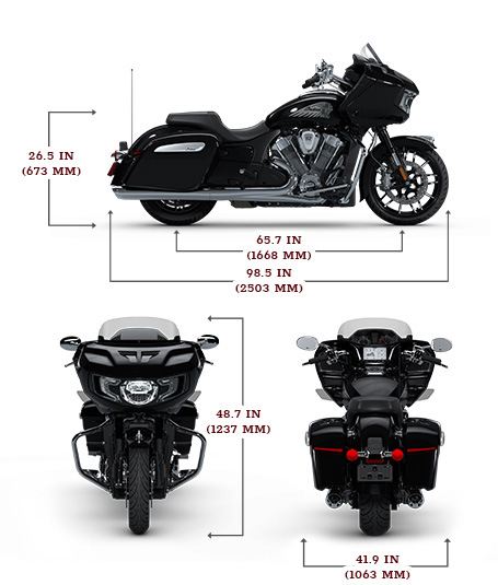 Vue latérale d’une moto Indian Challenger Limited 112 2025 avec les dimensions de hauteur, de largeur et de longueur.