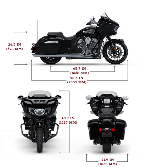 Side view of the 2025 Indian Challenger Limited with PowerBand Audio Package motorcycle with height, width and length dimensions.