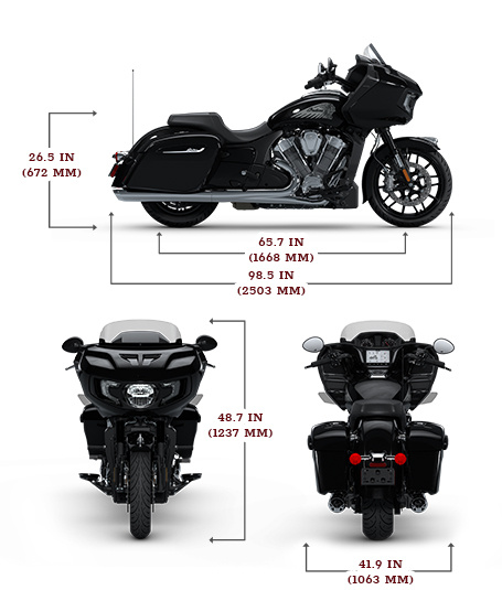 Vue latérale d’une moto Indian Challenger 2025 avec les dimensions de hauteur, de largeur et de longueur.