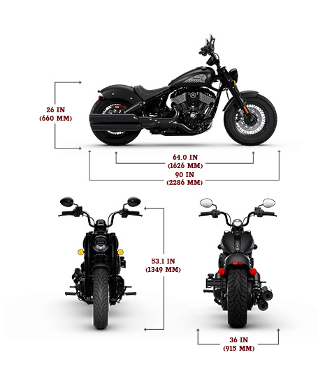 Side, front, and rear view of the 2025 Indian Chief Bobber Dark Horse with height, width and length dimensions.