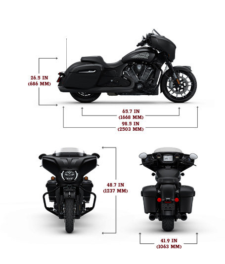 Side, front, and rear view of the 2025 Indian Chieftain PowerPlus Dark Horse with PowerBand Audio Package with height, width and length dimensions.