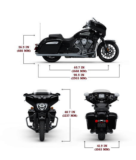 Vista lateral, delantera y trasera de la Indian Chieftain PowerPlus Limited de 2025 con el paquete PowerBand Audio mostrando las dimensiones de altura, ancho y longitud.