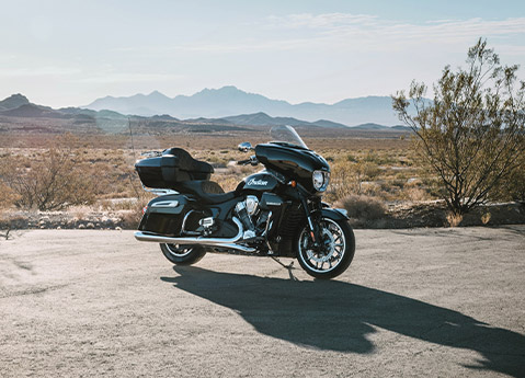 A 2025 Indian Roadmaster PowerPlus Limited motorcycle parked near a desert.