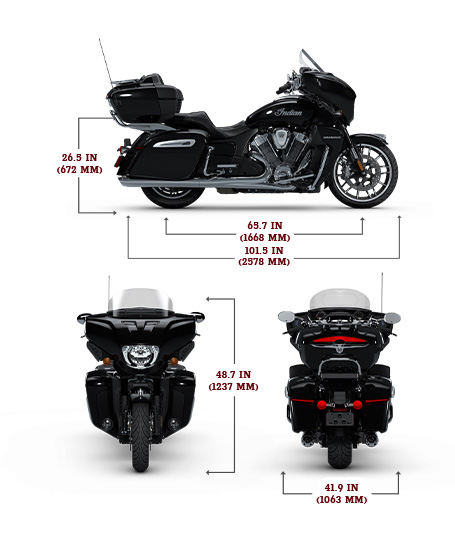 Side, front, and rear view of the 2025 Indian Roadmaster PowerPlus Limited with 112 and PowerBand Audio Package with height, width and length dimensions.