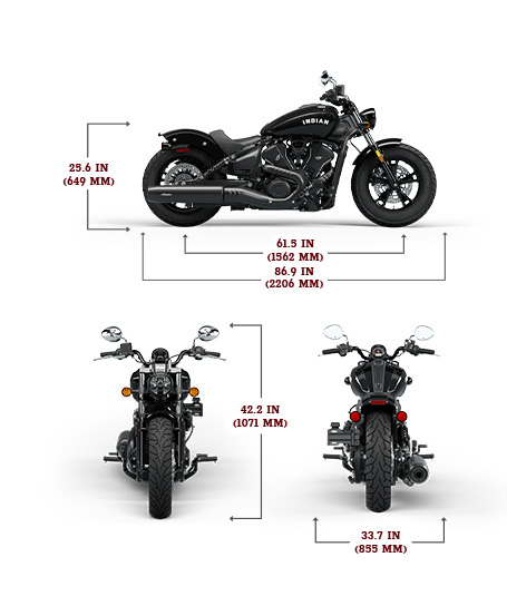 Vista lateral, frontal y trasera de la 2025 Indian Scout Sixty Bobber Limited con las dimensiones de altura, ancho y longitud.
