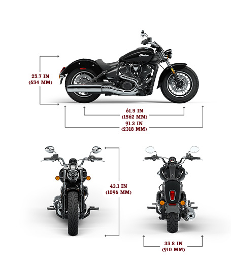 Side, front, and rear view of the 2025 Indian Scout Sixty Classic Limited with height, width and length dimensions.
