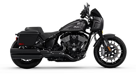 Perfil lateral de una motocicleta cruiser 2025 Indian Sport Chief RT en Black Smoke.