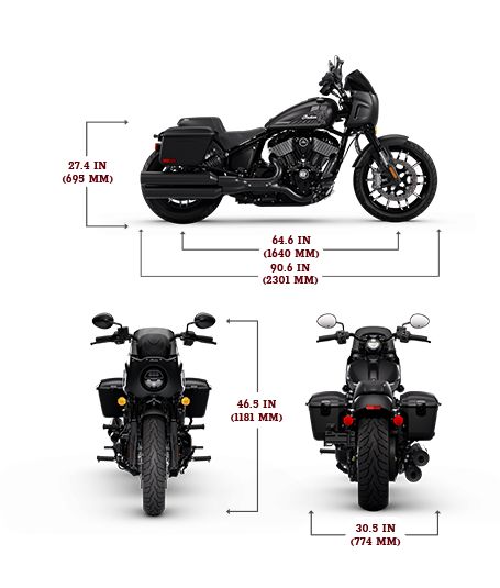 Side, front, and rear view of the 2025 Indian Sport Chief RT with height, width and length dimensions.
