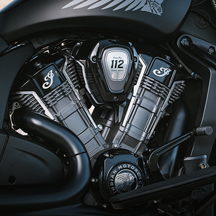 Closeup of the PowerPlus 112 Engine on an Indian Bagger motorcycle.