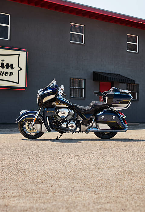 Side profile of a 2025 Indian Roadmaster Elite motorcycle.