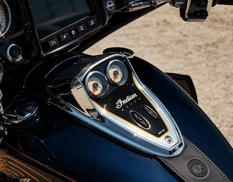Closeup of the tank and gauges on a 2025 Indian Roadmaster Elite motorcycle.