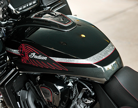 Closeup of the tab and badging on a 2024 Indian Challenger Elite motorcycle.