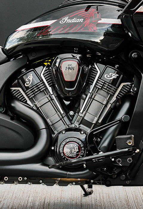 Closeup of the engine on a 2024 Indian Challenger Elite motorcycle.
