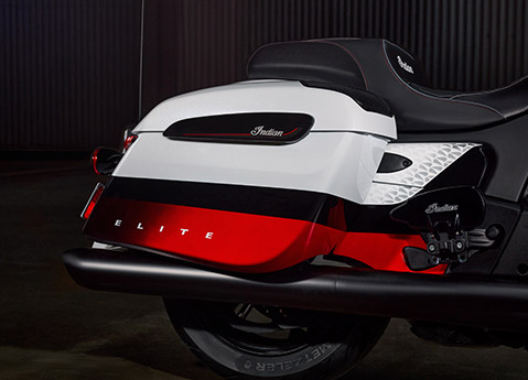 Closeup of the heard saddlebags on a 2025 Indian Challenger Elite bagger motorcycle.