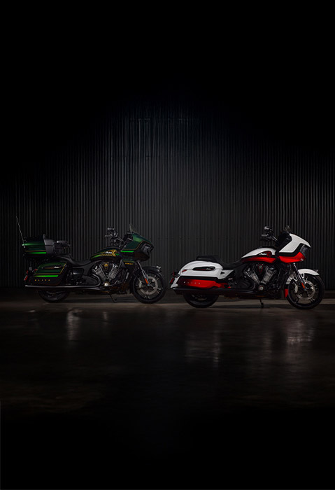 Side profiles of a 2025 Indian Challenger Elite bagger motorcycle and a 2025 Indian Pursuit Elite touring motorcycle.