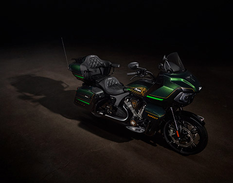 Overhead view of a 2025 Indian Pursuit Elite touring motorcycle.