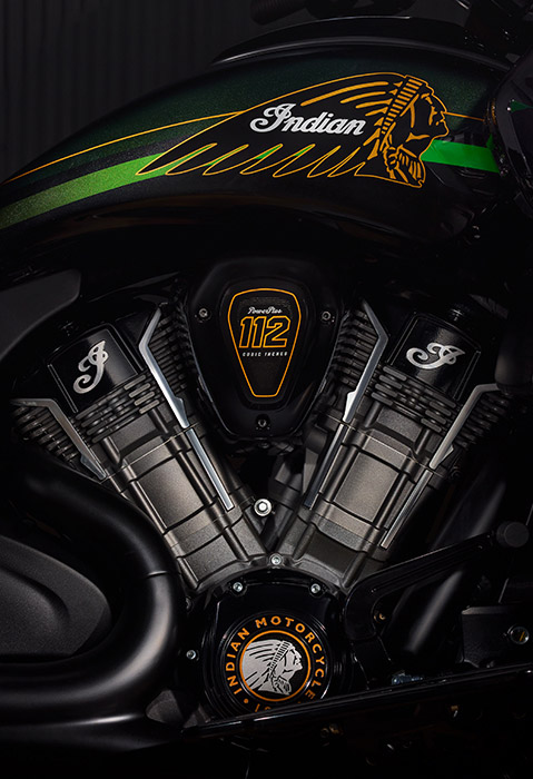 Closeup of the PowerPlus 112 engine on a 2025 Indian Pursuit Elite touring motorcycle.