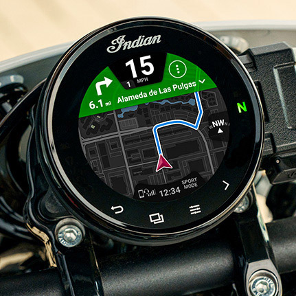 4-inch RIDE COMMAND touch screen on an Indian FTR standard-style motorcycle.