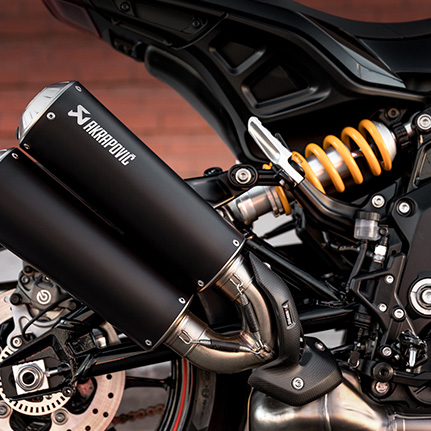 Performance accessories for an Indian FTR standard-style motorcycle.