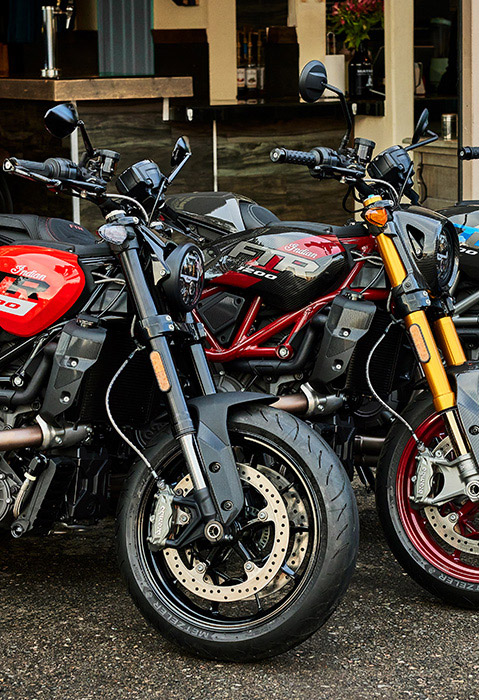  Indian FTR, FTR Sport and FTR R Carbon standard-style motorcycles in a lineup.