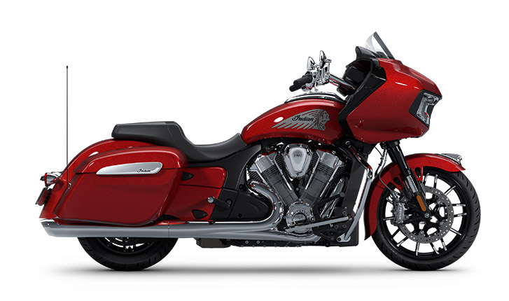 Side profile of a 2025 Indian Challenger Dark Horse with 112 motorcycle in the Black Smoke colorway.
