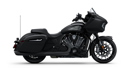 Side profile of a 2025 Indian Challenger Dark Horse with 112 motorcycle in the Black Smoke colorway.