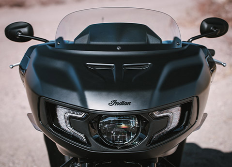 Front view of a 2025 Indian Challenger Dark Horse motorcycle.
