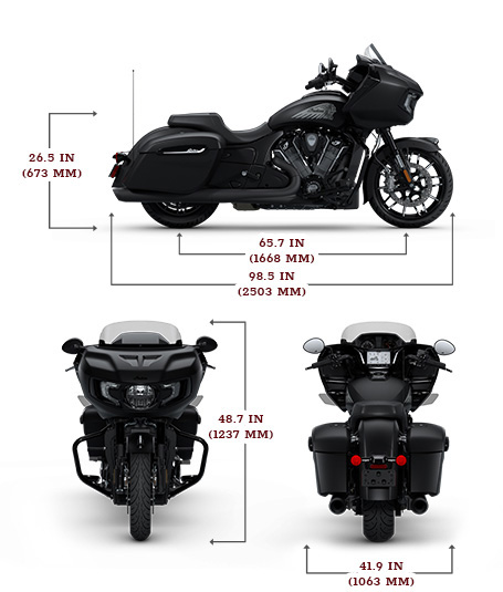 Side view of the 2025 Indian Challenger Dark Horse motorcycle with height, width and length dimensions.