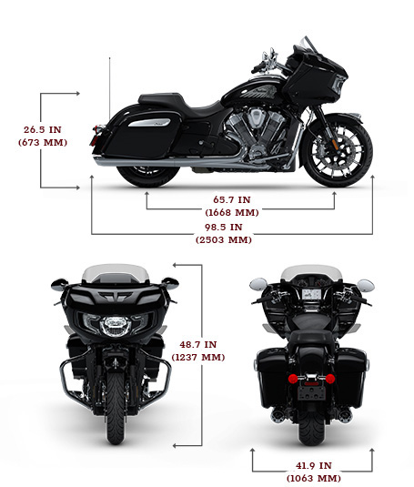 Side view of the 2025 Indian Challenger Limited motorcycle with height, width and length dimensions.