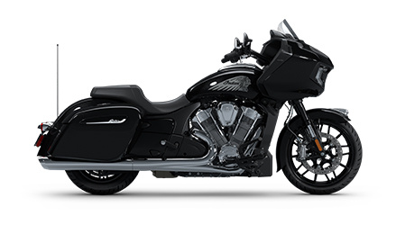 Side profile of a 2025 Indian Challenger bagger motorcycle in the Black Metallic colorway.