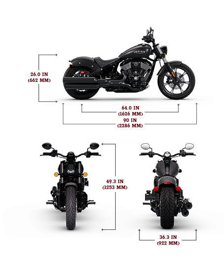 Side, front, and rear view of the 2025 Indian Chief Dark Horse with height, width and length dimensions.