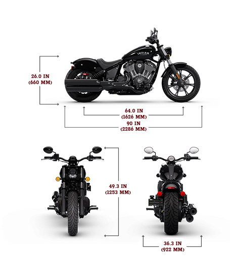Side, front, and rear view of the 2025 Indian Chief with height, width and length dimensions.