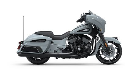 Side profile of a 2025 Indian Chieftain Dark Horse bagger motorcycle in Storm Gray.