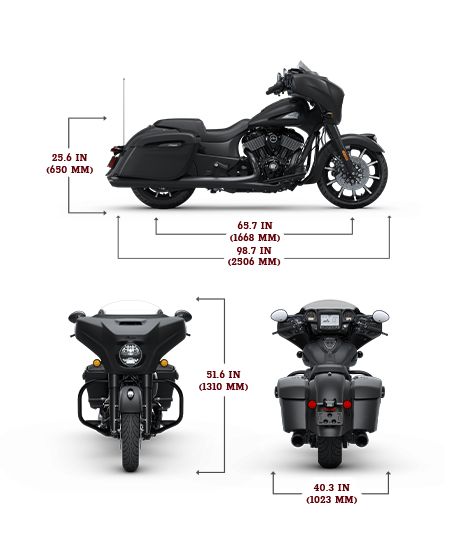 Side, front, and rear view of the 2025 Indian Chieftain Dark Horse with PowerBand Audio Package with height, width and length dimensions.