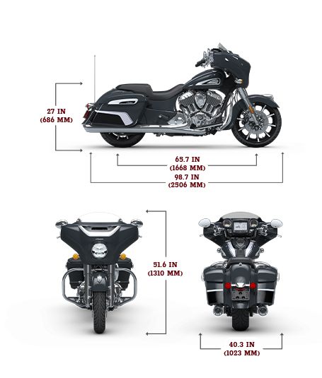 Side, front, and rear view of the 2025 Indian Chieftain Limited with PowerBand Audio Package with height, width and length dimensions.
