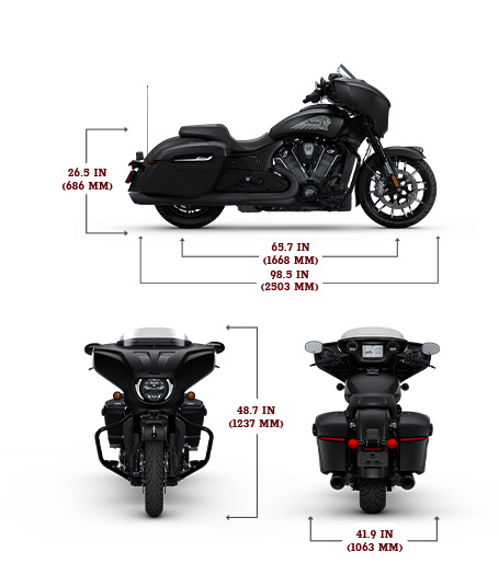 Side, front, and rear view of the 2025 Indian Chieftain PowerPlus Dark Horse with 112 and PowerBand Audio Package with height, width and length dimensions.