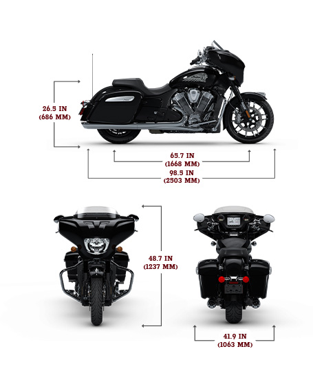 Side, front, and rear view of the 2025 Indian Chieftain PowerPlus Limited with height, width and length dimensions.