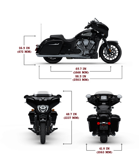 Side, front, and rear view of the 2025 Indian Chieftain PowerPlus with height, width and length dimensions.