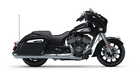 Side profile of a 2025 Indian Chieftain bagger motorcycle in Black Metallic.