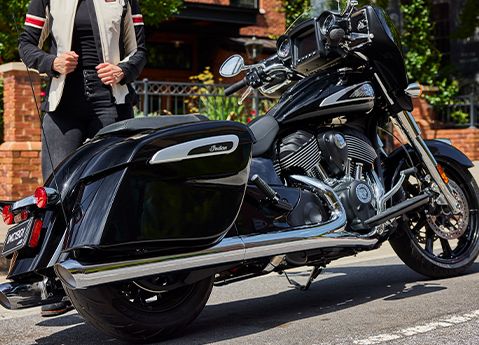 Closeup of the hard saddlebags on a 2025 Indian Chieftain bagger motorcycle.