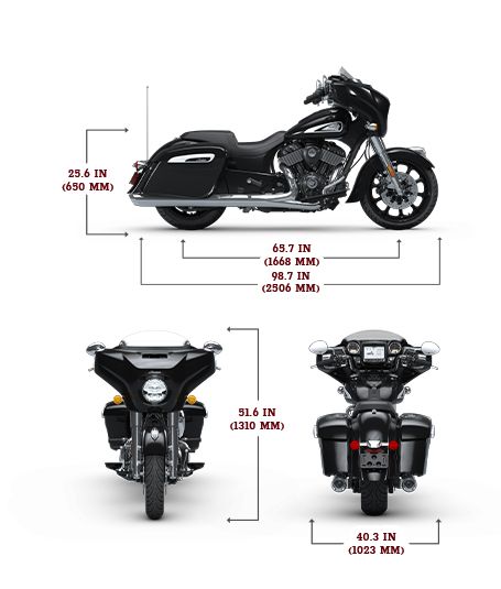 Side, front, and rear view of the 2025 Indian Chieftain with height, width and length dimensions.
