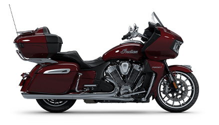 Side profile of a 2025 Indian Pursuit Limited motorcycle in the Maroon Metallic colorway.