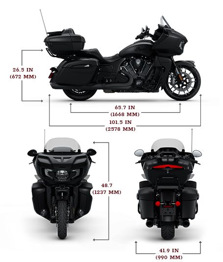 Side, front, and rear view of the 2025 Indian Pursuit Dark Horse with PowerBand Audio Package with height, width and length dimensions.