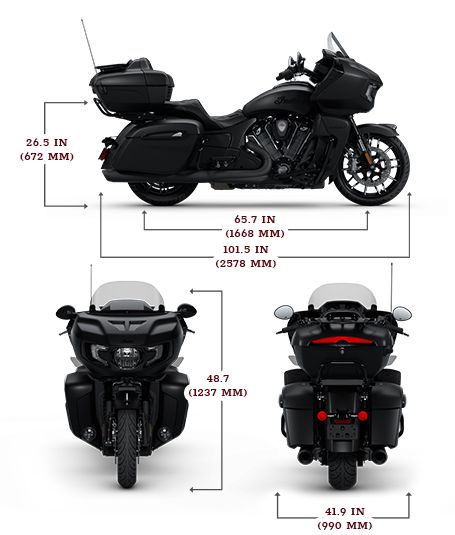Side, front, and rear view of the 2025 Indian Pursuit Dark Horse with height, width and length dimensions.
