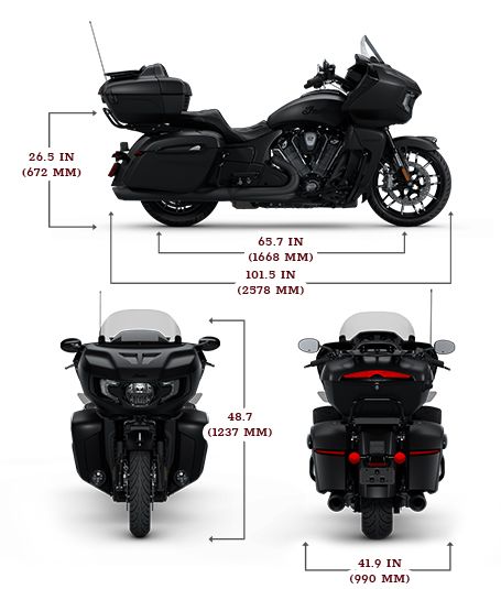 Side, front, and rear view of the 2025 Indian Pursuit Dark Horse with 112 and PowerBand Audio Package with height, width and length dimensions.