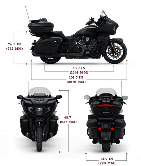 Side, front, and rear view of the 2025 Indian Pursuit Dark Horse with 112 with height, width and length dimensions.