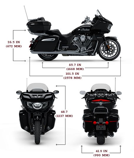Side, front, and rear view of the 2025 Indian Pursuit Limited with 112 and PowerBand Audio Package with height, width and length dimensions.