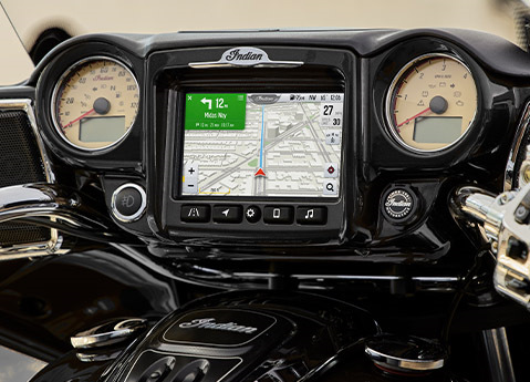 Closeup of the RIDE COMMAND touch screen and gauges on the handlebars on a 2026 Indian Roadmaster Dark Horse touring motorcycle.