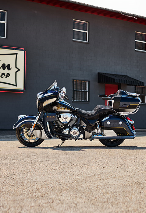 Side profile of a 2025 Indian Roadmaster Elite touring motorcycle.